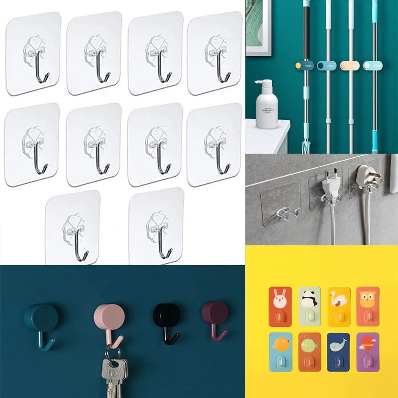 10 Pcs Door Hook Adhesive Wall Hooks Transparent Anti skid Traceless