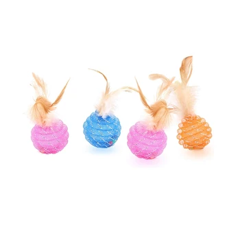 

4 Pcs Interactive Cat Ball Toys with Feather Brightly Colored Cat Toys with Bells Entertainment Safe Health Sport for Your Cat Y