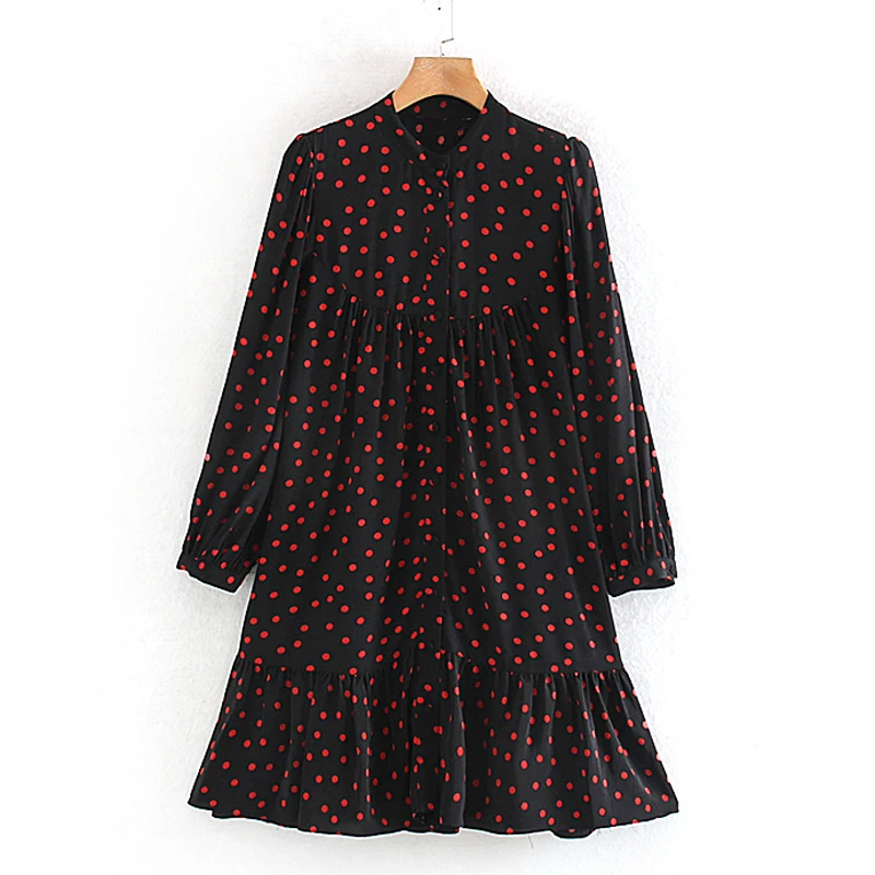 RR O Neck Dresses Women Fashion Dot Printed Buttons Dress Women Elegant Long Sleeve Mini Dresses Female Ladies KD - Цвет: WWDR2909