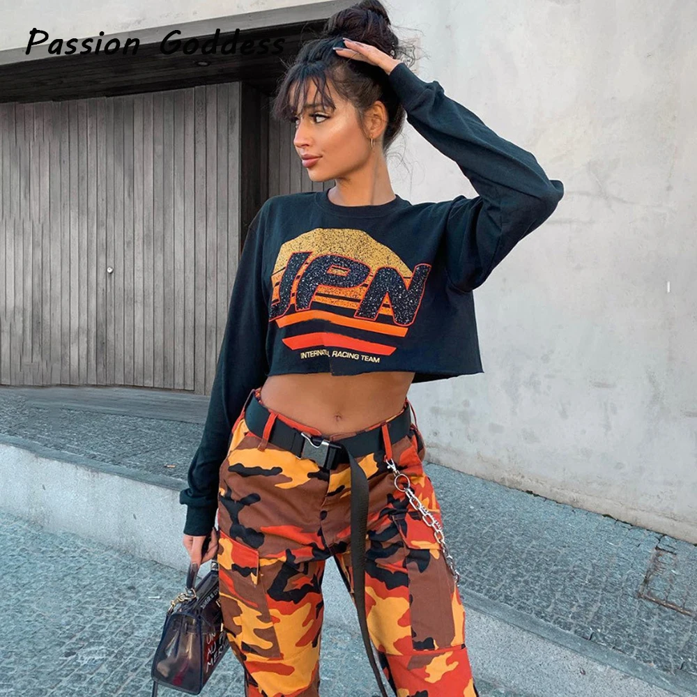 

Fashion Women Sweatshirts Hoodies Letter Printed Short Pullovers Loose Dance Punk Party Sweatshirts Long Sleeve Crop Top Hoodie