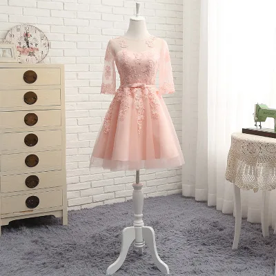 Pink Short Элегантные розовые серые кружевные аппликации тюлевые Платья для подружек невесты Половина рукава открытая спина Формальные Свадебные вечерние платья - Цвет: Pink Short