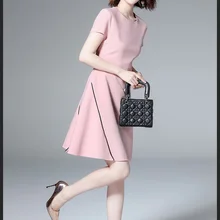 Розовое платье Лето Новое модное приталенное платье трапециевидной формы с коротким рукавом