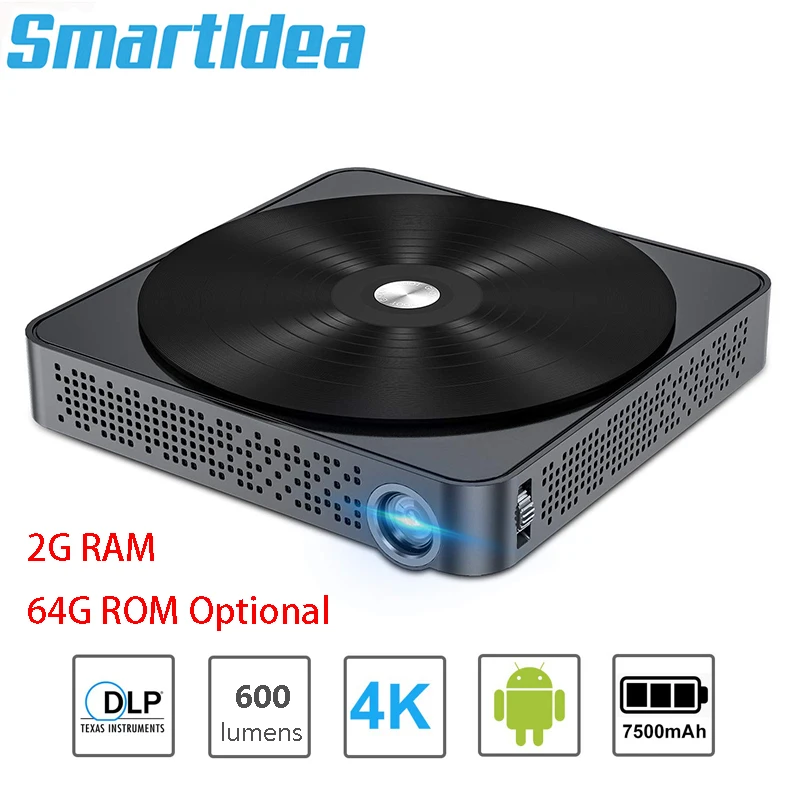

Smartldea M10 4K mini smart projector 2G RAM 64G ROM option android7.0 wifi BTbeamer build 7500mAh battery video game proyector