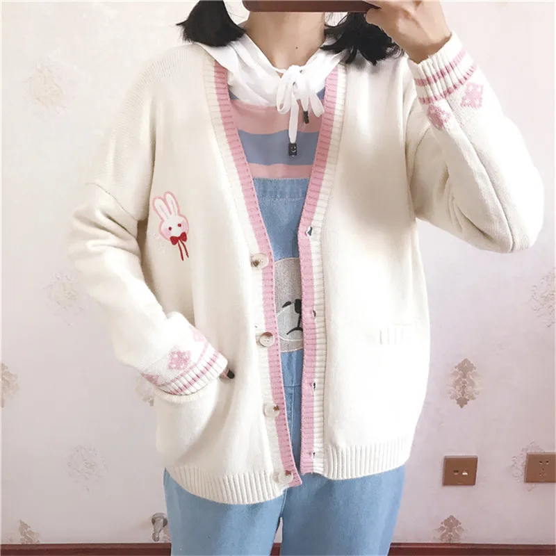 Харадзюку Мори девушка Лолита Kawaii милый мультфильм кролик вышивка свободный v-образным вырезом вязаный кардиган свитер пальто верхняя одежда