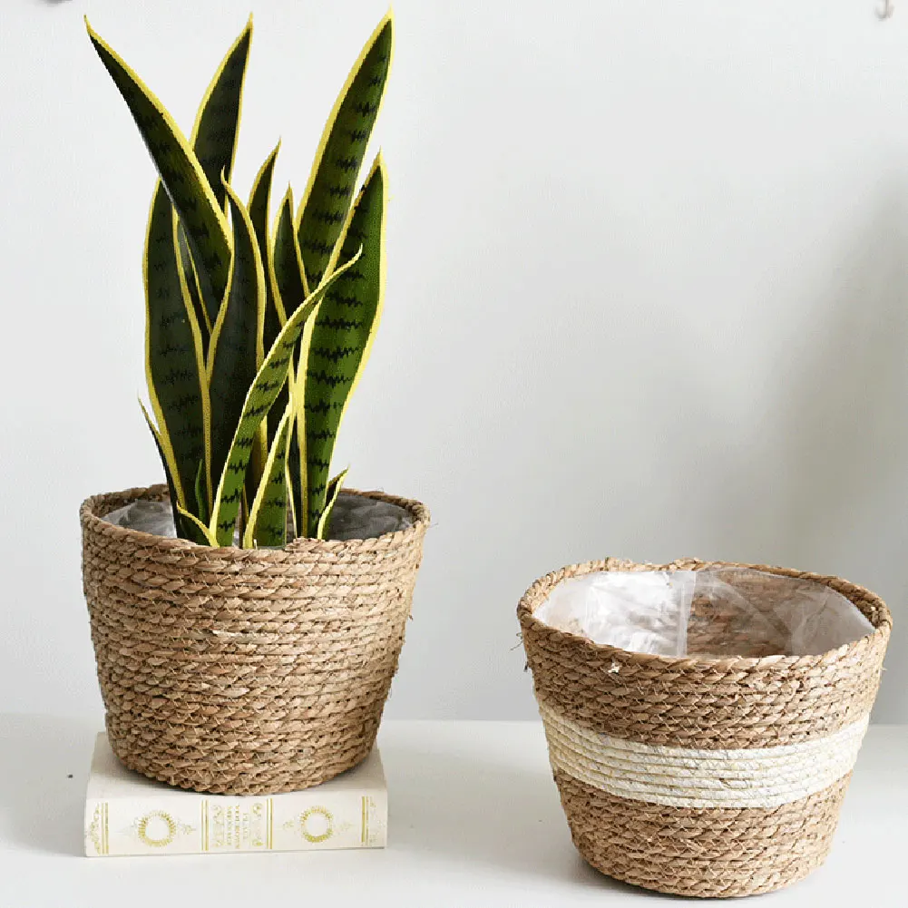 

3PCS Bamboo Storage Baskets Foldable Laundry Straw Patchwork Wicker Rattan Seagrass Belly Garden Flower Pot Planter Basket