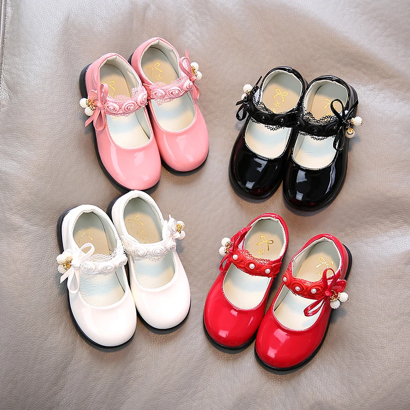 Flower Girls Shoes Patent Leather Mary Janes For Children Bow Bead Wedding Baby Big Girl Flats White Pink Red Black |