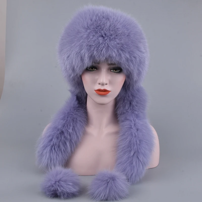 

Natural Fox Fur Bomber Hats Russian Women Winter Thick Warm Real Fox Fur Hat Luxury Lady Fox Fur And Rex Rabbit Fur Caps