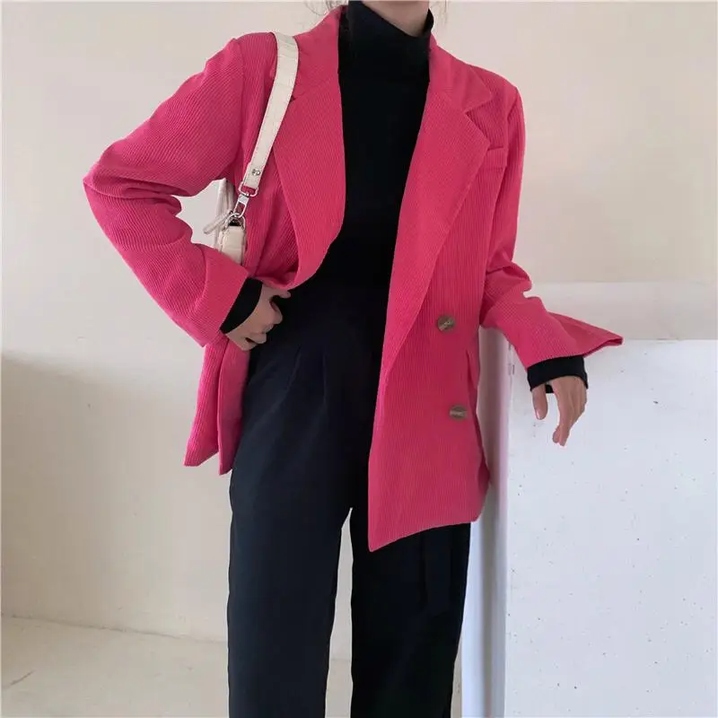 Genayua Повседневный двубортный блейзер для женщин, винтажный женский пиджак, розовый блейзер, Женское пальто,, осень, весна, корейский стиль - Цвет: Rose Red