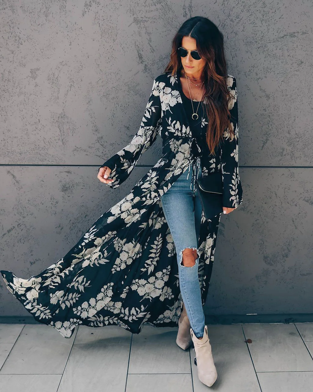 Bikini Cover-ups Boho Printed Long Kimono Cardigan Plus Size White Black Chiffon Tunic Women Beach Wear Swim Suit Cover Up A225