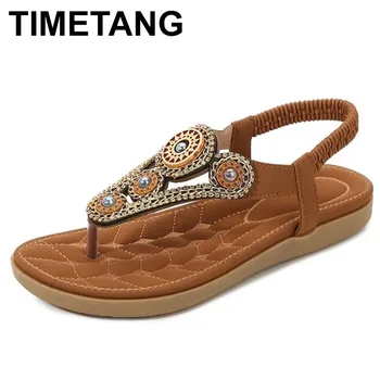 TIMETANG 여성용 샌들, 심플하고 가벼운 라지 사이즈, 로마 라인석 샌들, 캐주얼 미끄럼 방지 플랫 여름 신발