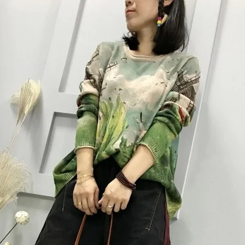 Мультяшная картина маслом птицы ветряная мельница узор свободный женский свитер