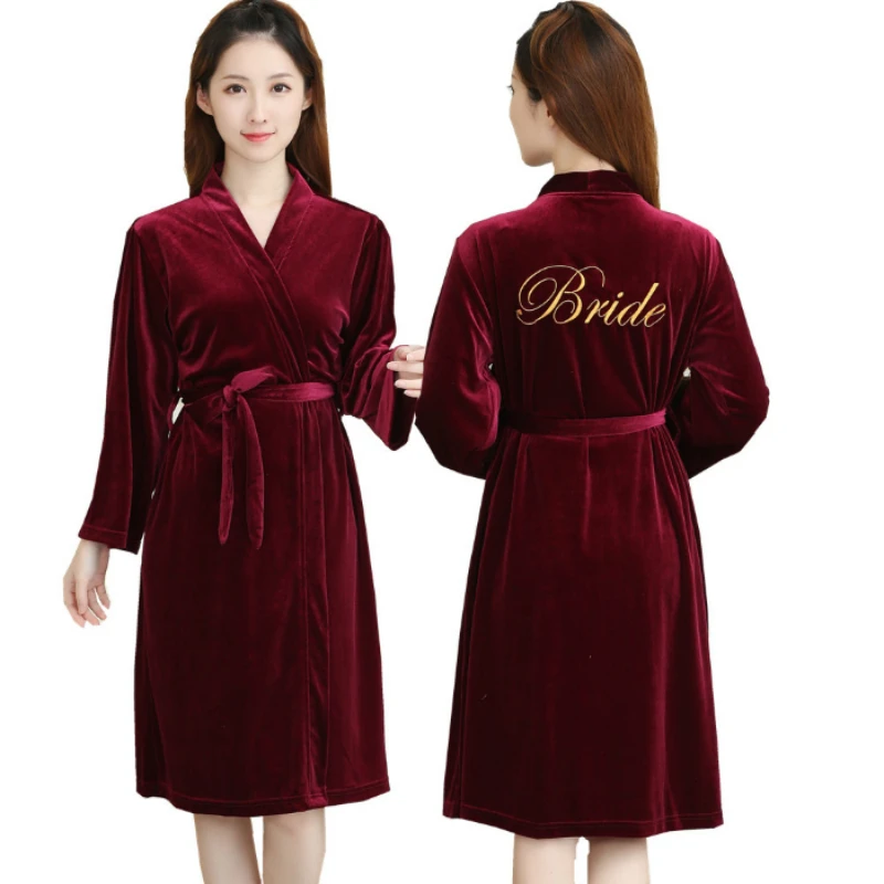 Women's nightgowns Winter High-grade Comfortable V-neck Thickened velvet elastic waistband Pure color woman bathrobe Embroidery
