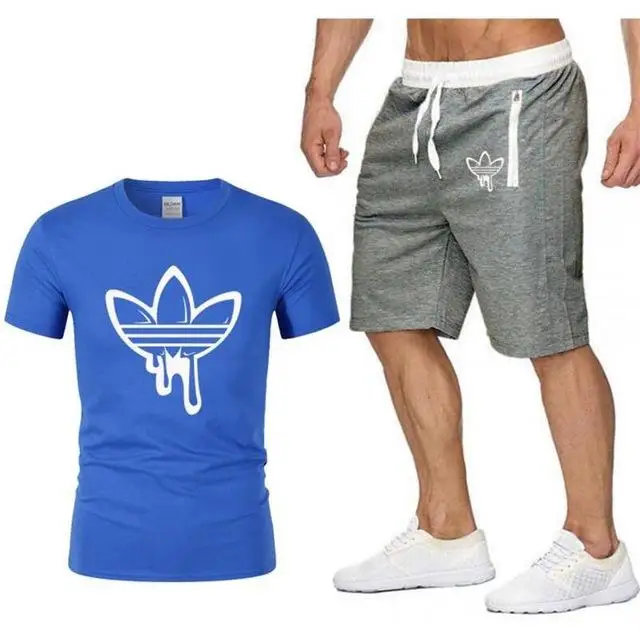 set2 Летняя мужская спортивная одежда, топы для бега, Спортивная футболка с коротким рукавом, штаны до колена, 2 шт, набор для бега, мужские быстросохнущие спортивные костюмы - Цвет: set2
