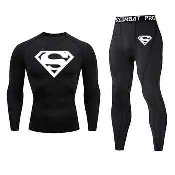 

Men's Thermal Underwear Set Winter 2-piece Black T-shirt Pants Tracksuit Compression Sportswear Superman Long Johns Men Wear Set