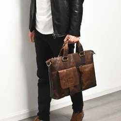 Crazy Horse Cowhide Leather Men's Business Handbag Briefcase Genuine Leather 16 7 Inch Laptop Shoulder Messenger Document Bag