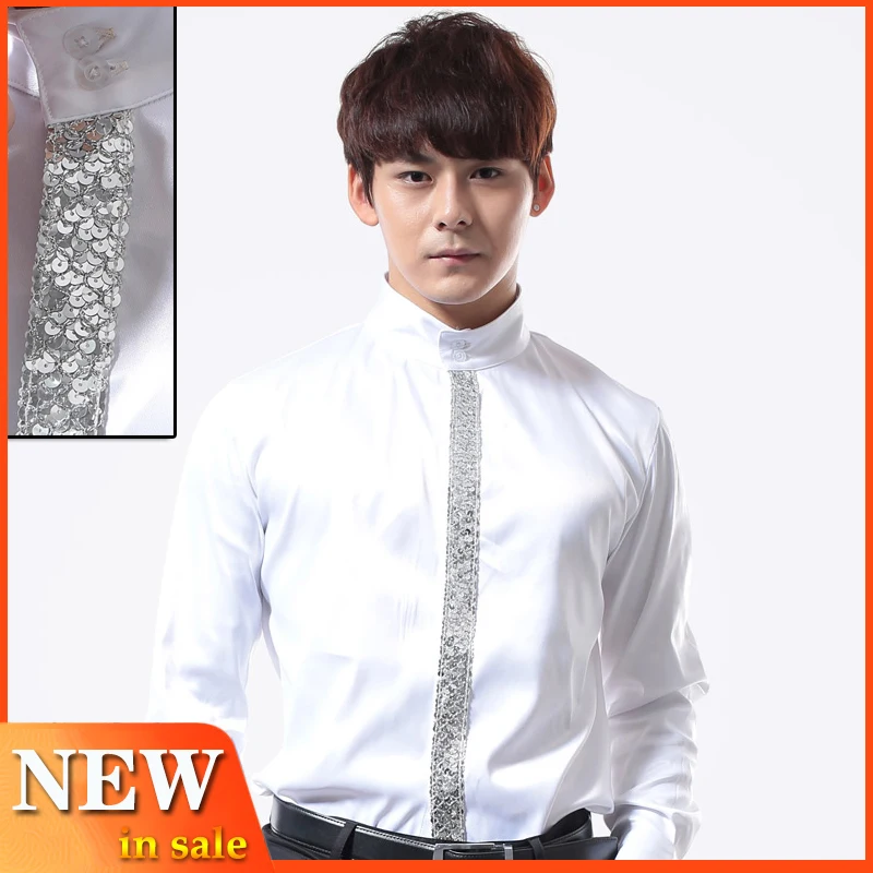 Тонкая рубашка с блестками для ночного клуба, бара, Осенние Топы с длинными рукавами, для выступлений, для латинских танцев, шоу, белая рубашка, Мужская бальная рубашка BL2216