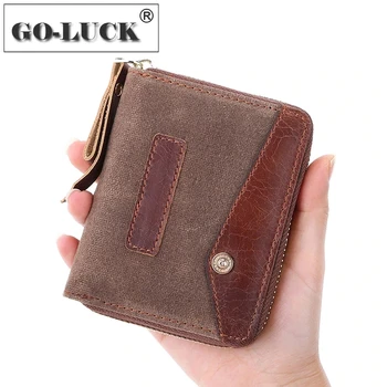 

Multiple Function RFID ID Credit Card Holder Men Wallet Cowhide Leather Patchwork Canvas Cloth Zipper Coin Hand Bag