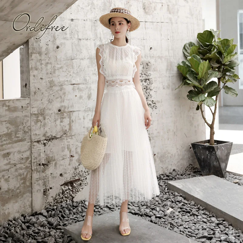 

Ordifree 2019 Summer Women 2 Piece Set White Lace Sleeveless Top Polka Dot Mesh Tulle Long Skirt Crop Top and Skirt Set