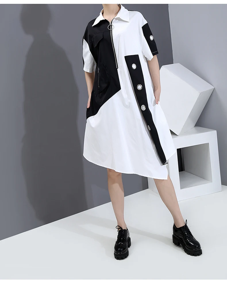 New Fashion Unique Style Tide Shirt Dress Zipper Pocket Patchwork Plus Size Dresses