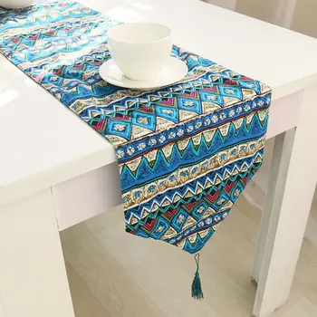 

Mediterranean Style Table Runner Cotton Linen Double-sided Printed Tablecloth Ethnic Pattern Tassel Pendant Bed Table Runner