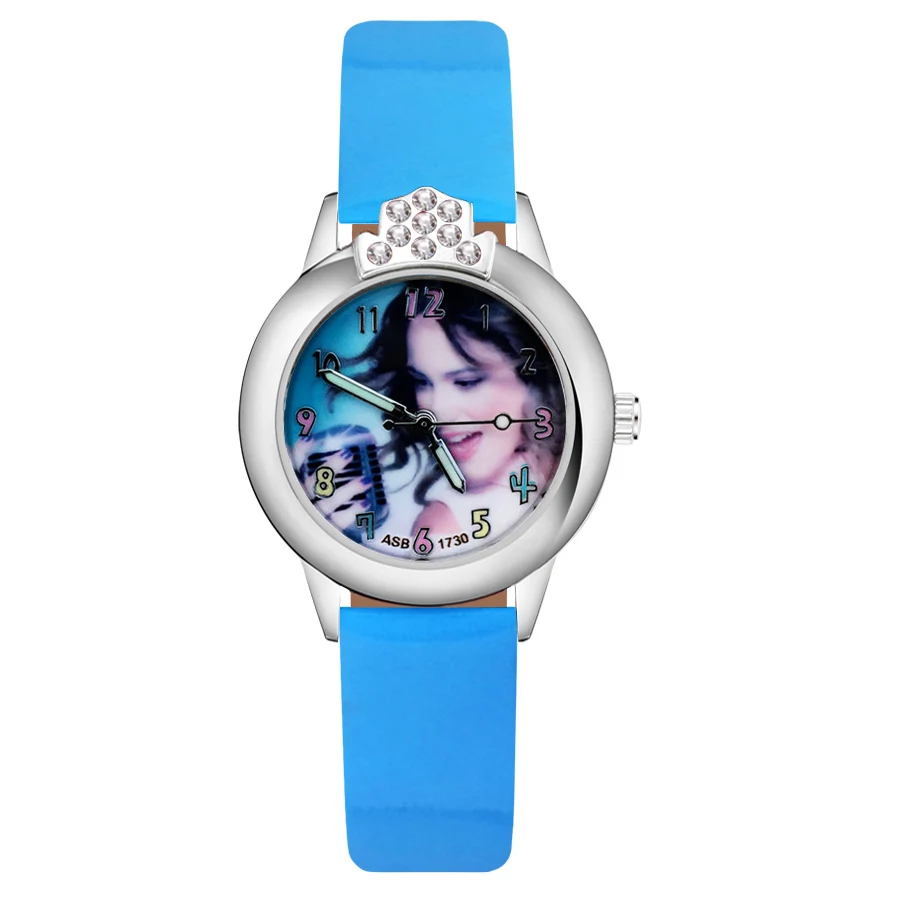 Sky Blue Милые детские часы с милыми кристаллами для девочек; кварцевые наручные часы с кожаным ремешком для девочек; JK100 - Цвет: Sky Blue