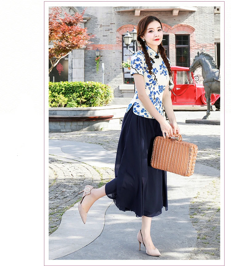 S-4XL Plus Size Chinese Tops Shirts Blue Printing flowers Chinese Tops Woman Pink Shirt Tops Clothing