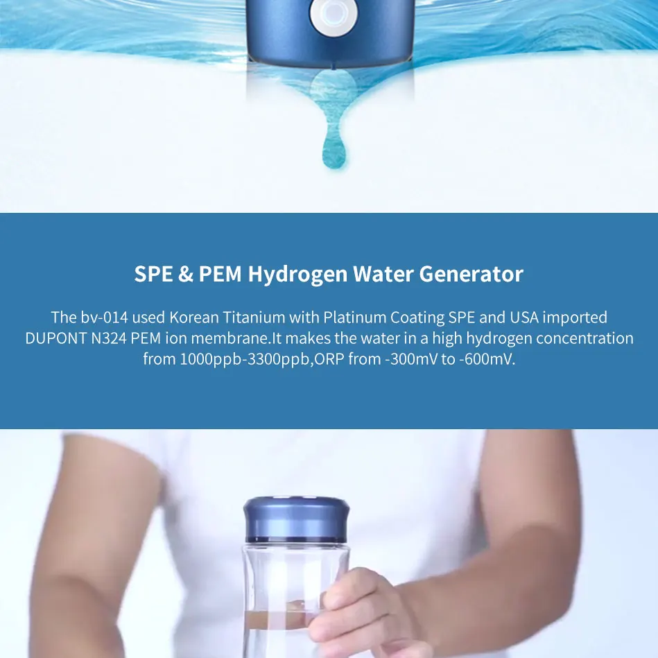 Водородная бутылка для воды 2-го поколения H2 до 3300ppb использует мембрану DUPONT N324 с простым устройством поглощения водорода