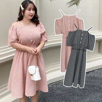 

Women's Summer Plaid Button Slotted Neck Dress Plus Size Knee Length Casual Dress 100kg Can Wear