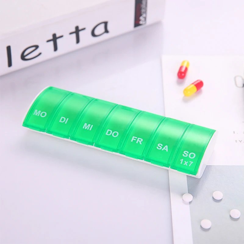 Портативный 7 дней в неделю Организатор таблетки коробка для хранения Пластик медицинский ящик для приспособления для резки, средство для ухода за полостью - Цвет: GN