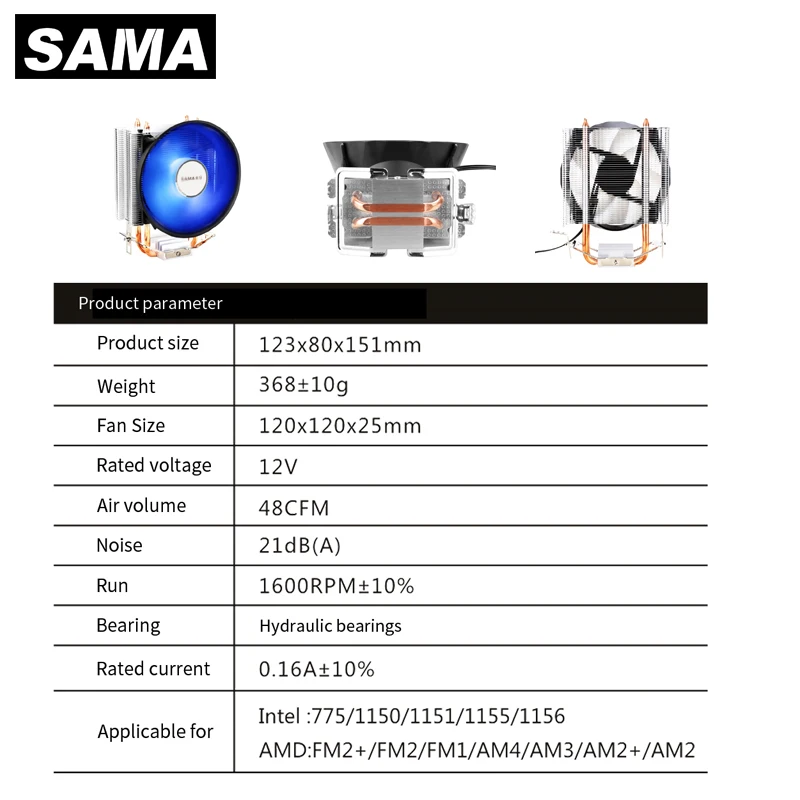 Sama Tubos de Calor Cpu Cooler Rgb 120 mm 1600rpm pc Radiador Silencioso para Intel Lga 1150 1151 1155 Amd Am3 Am4 Cpu Ventilador de Refrigeração Ventiladores e resfriadores - Imagem 4