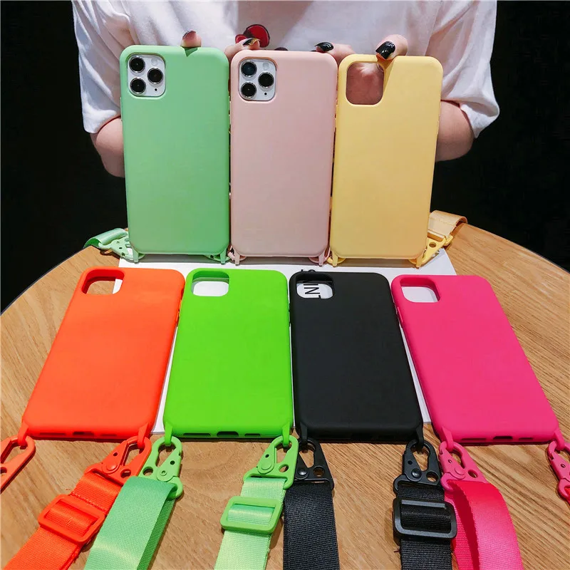 Shoulder strap lanyard Phone Case For iphone 12 mini 12Pro 11 11Pro Max X XR XS Max SE 7 8Plus Candy color soft silicone case