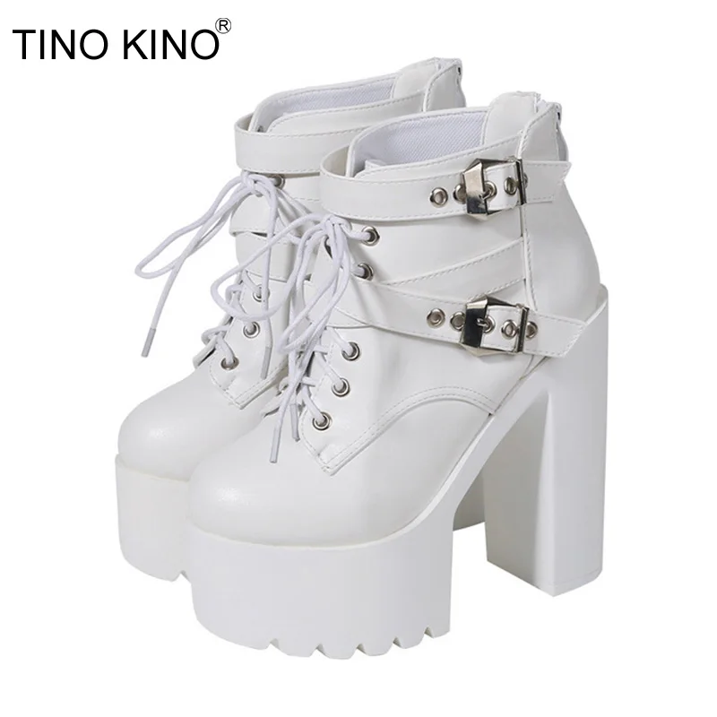 

New Women Autumn Winter High Heels Woman Buckle Thick Bottom Ankle Boots Female Pu Leather Lace Up Shoes Ladies Sexy Party Boots