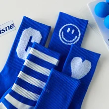 

Couple Socks Blue Letter Japanese Fashion Harajuku Women Cotton Slouch Calcetines Mujer Long Socken Woman Designer Skarpety