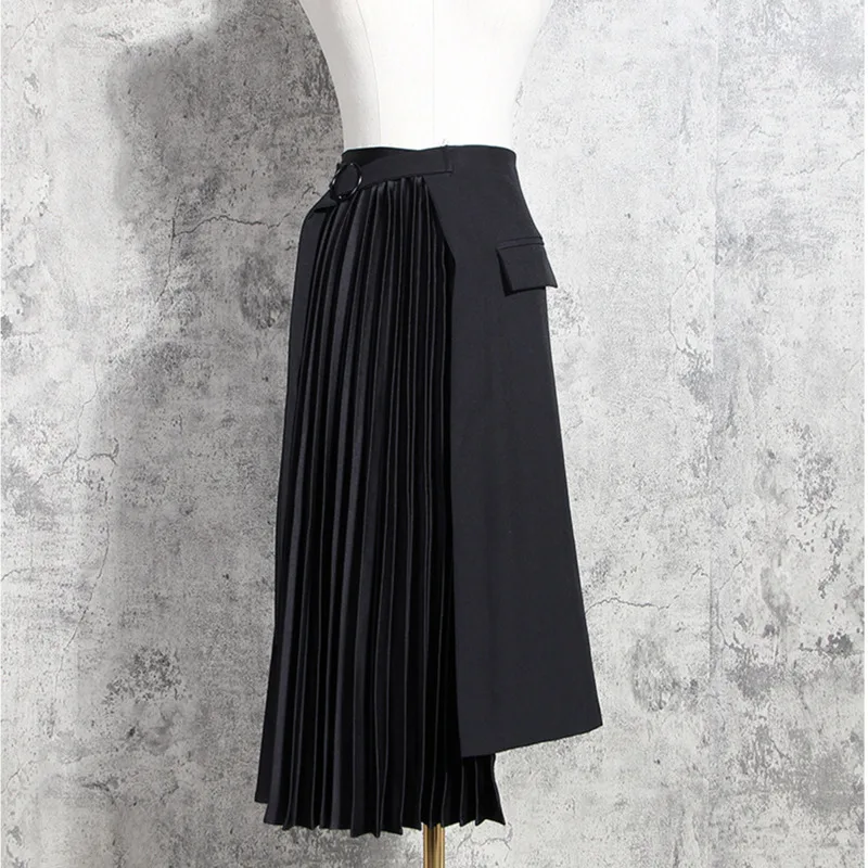 

XUXI Summer 2020 Women New Irregular Half-length Skirt Korean Fashion Stitching High Waist Was Thin Pleated Streetwear FZ2891