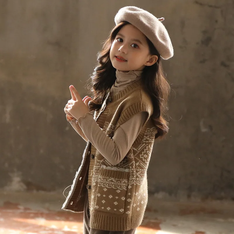 Новинка года, осенне-зимний вязаный жилет для девочек модный кардиган для маленьких девочек, повседневный вязаный жилет для девочек#8159