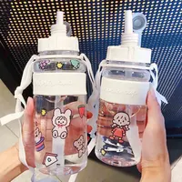 600ml White Bottle with Strap and Straw for Children Cute Cartoon Stickers Drinking Bottles Large Capacity Water Bottles
