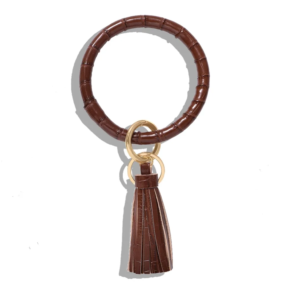 Dvacaman New Fashion Multi-Color Tassel Keychain Enamel PU Leather O Key Chain Monogram Circle Wristlet Keychain For Women Girls