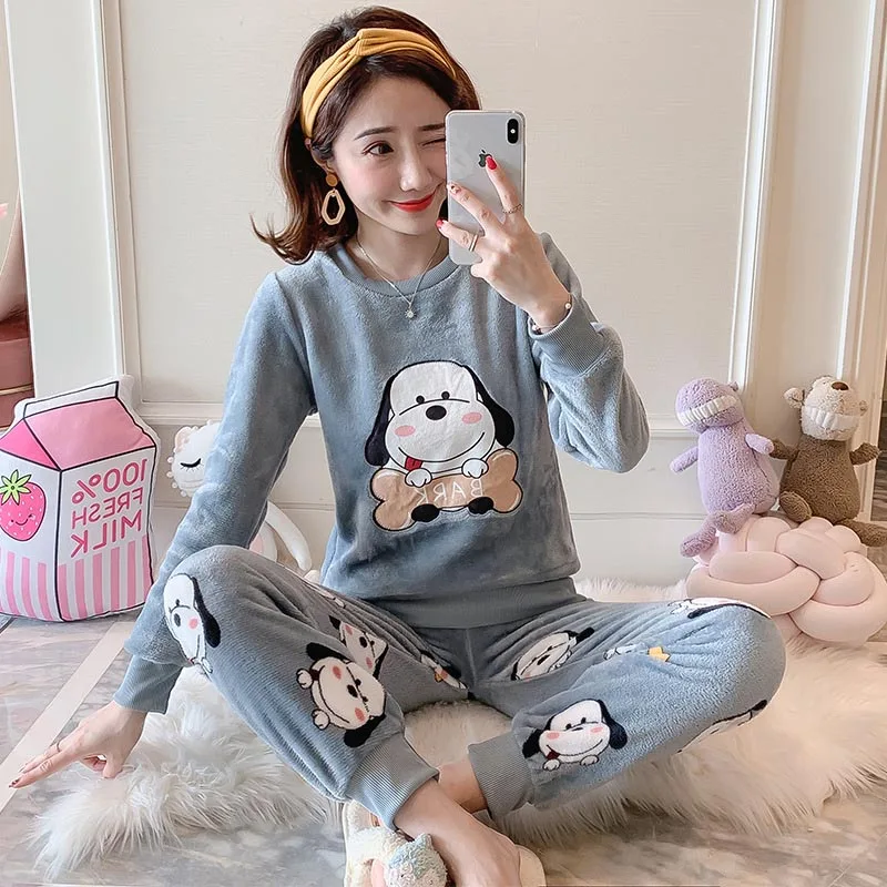 Blue Dog Зимняя пижама из 2 предметов для женщин, теплая плотная Пижама с круглым вырезом, Фланелевая пижама с милым рисунком, домашняя одежда, костюм - Цвет: Blue Dog
