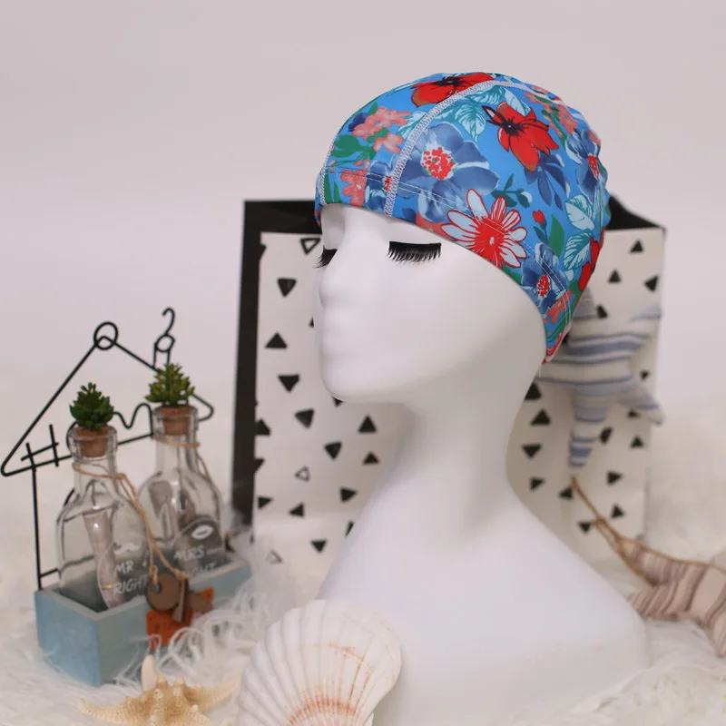 Flower Print Fabric Swimming Cap Swiming Pool Protect Long Hair Ears Hat Swim Bathing Hats Caps for Women Men Adults Ladies Hat