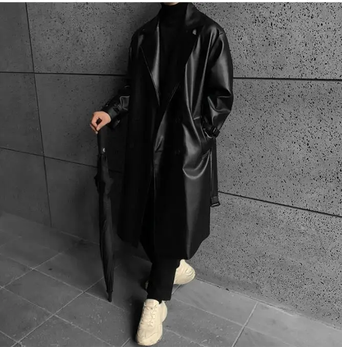 S-XL! Ретро мода Мужская дикая кожа Красивый Ветровка куртка Панк Личность длинный двубортный черный кожаный пиджак мужской