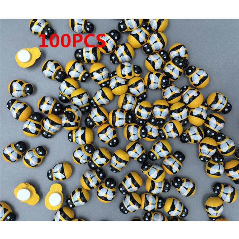 

100pcs/set 3D Wooden Wood Yellow Animal Bee Wall Stickers Fridge Art Cute Bee Wall Stickers Home Decoration 13mm