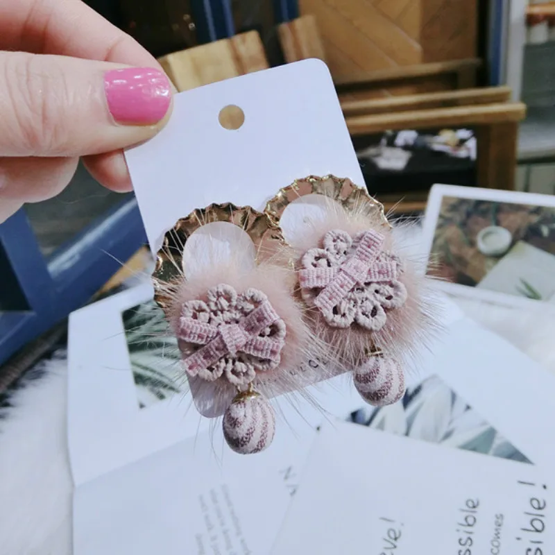 2019 New Korea Style Manual Weaving Wool Pink Mink Hair Student Drop Earrings for Girl Women Fashion Jewelry Accessories | Украшения и