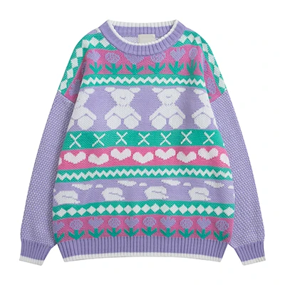 purple Осенний женский свободный свитер Harajuku с рисунком из мультфильма, вязаная зимняя теплая рубашка в консервативном стиле - Цвет: purple