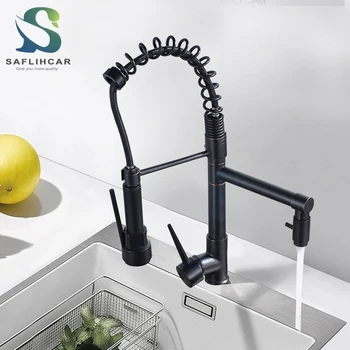 

Black Bronze With LED Light Kitchen Sink Faucet Double Outlet 360 Degree Rotating Kitchen Faucet With Spring Deck Installation