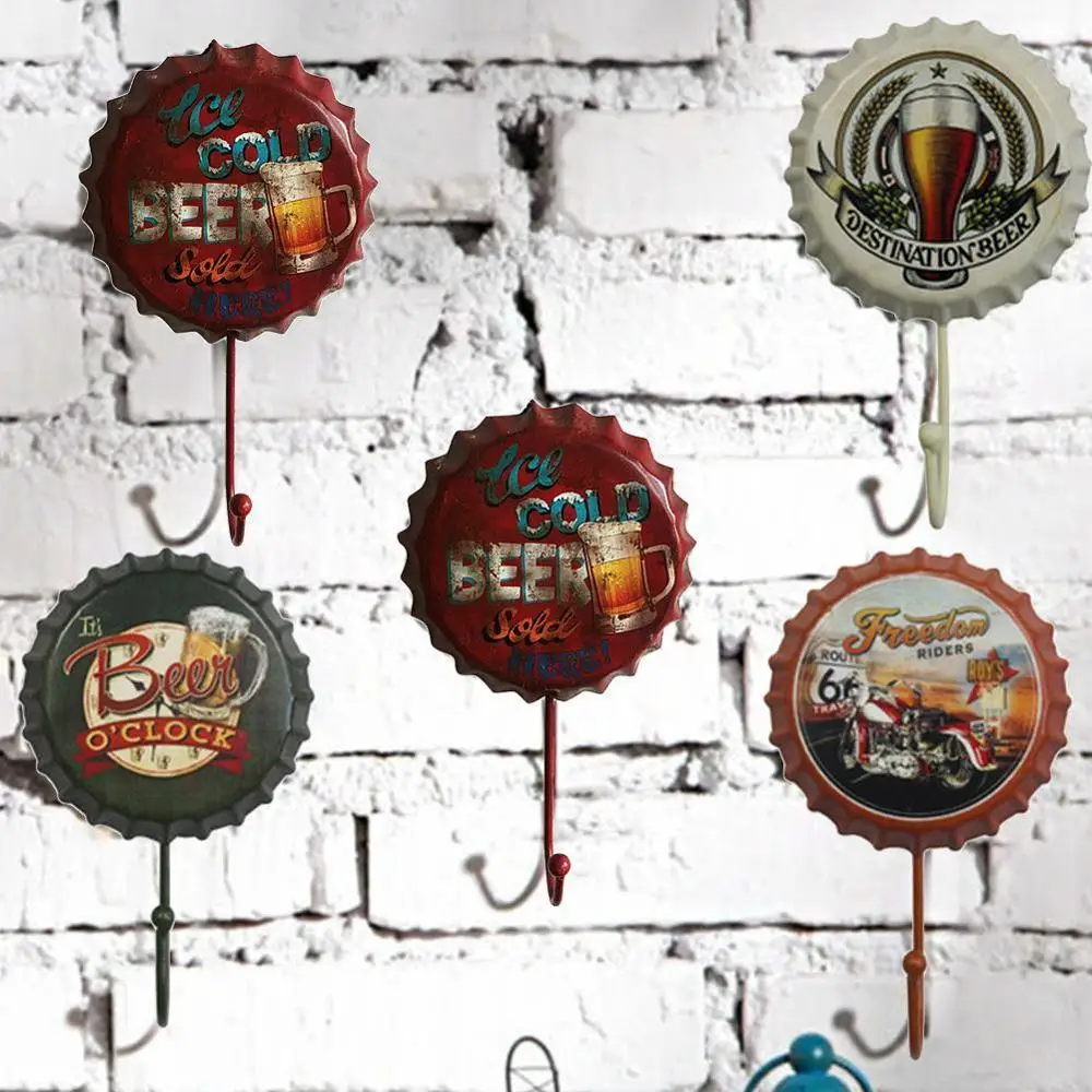 

4 Type Iron Hanging Hook Creative Retro Metal Beer Bottle Cap Sign Wall Hook Bar Pub Clue Decoration Accessary