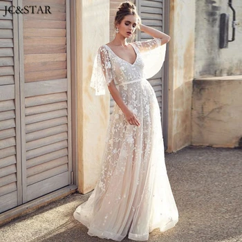 

Vestido novia talla grande new lace sexy V-neck bat sleeve A Line ivory wedding dress long robe de mariée bohème beach wedding