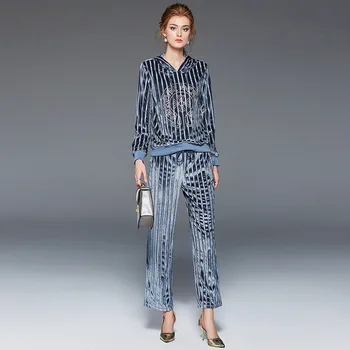 

2 Piece Set Women Casual 2019 Autumn Velvet Striped Long sleeve Hoodies Hot Drilling Pullover Tops + Elastic Waist Pants