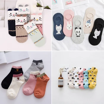 

5pairs/lot No Show Socks Japan Korean Cartoon Kawaii Cotton Sock Animal Print Cat Summer Knit Ladies Sock Dropshipping