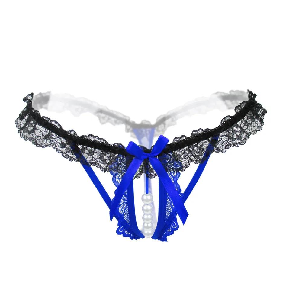 Женские кружевные стринги и стринги, сексуальные полые трусики танга с жемчужинами, женские сексуальные трусики, женское эротическое белье, Bragas Sex P Culotte Femme - Цвет: Blue