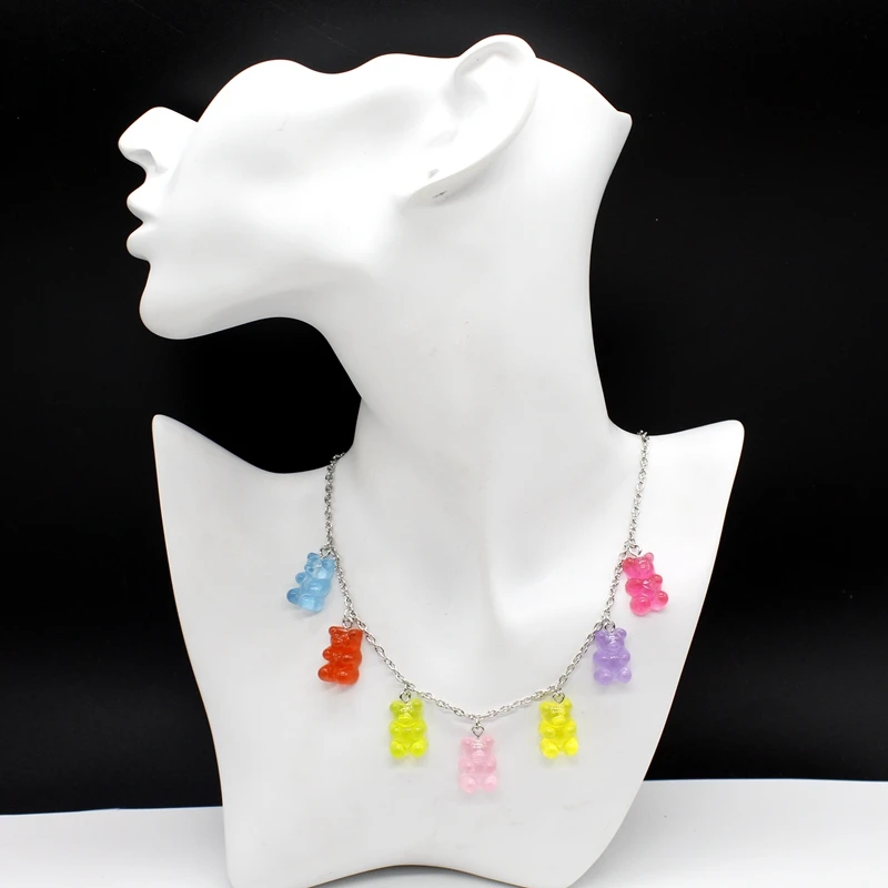 

2020 NEW Cute Candy Color Cartoon Bear Necklace DIY Handmade Colorful Resin Bear Fresh Necklace Jewelry pendant